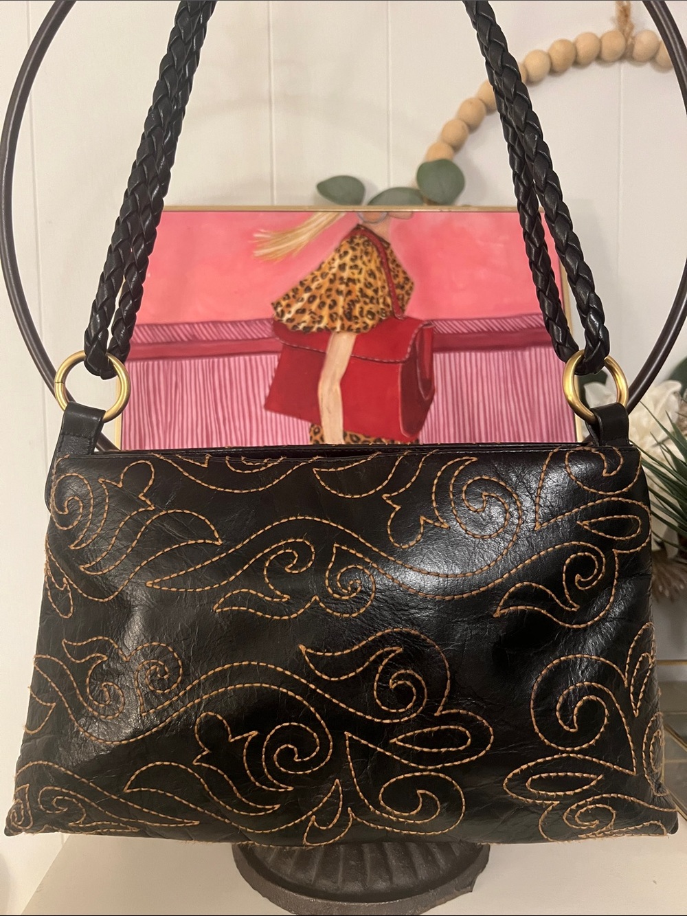 Naturalizer Genuine Leather Black Shoulder Bag with Tan Stitching